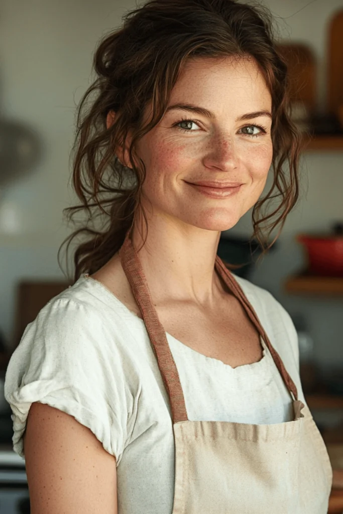 About 1 about : Katie Parker, smiling in her sunny California kitchen, holding a wooden spoon with a pot simmering on the stove.