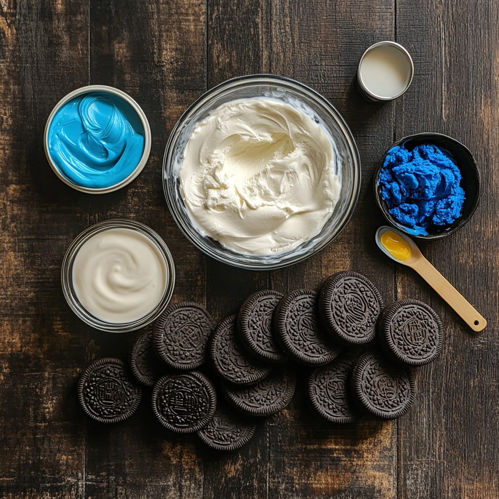 Cookie Monster Ice Cream Made Easy – Just 10 Minutes Prep 13 Ingredients for homemade cookie monster ice cream on a kitchen table
