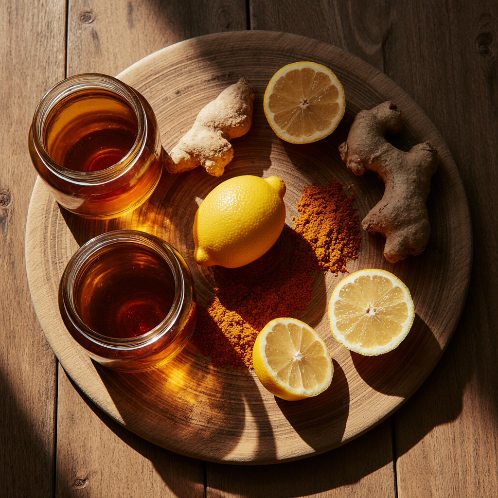 The Viral Honey Trick Recipe For Energy & Better Immunity 9 Ingredients for honey trick recipe including raw honey, lemon, ginger, turmeric, and cayenne.