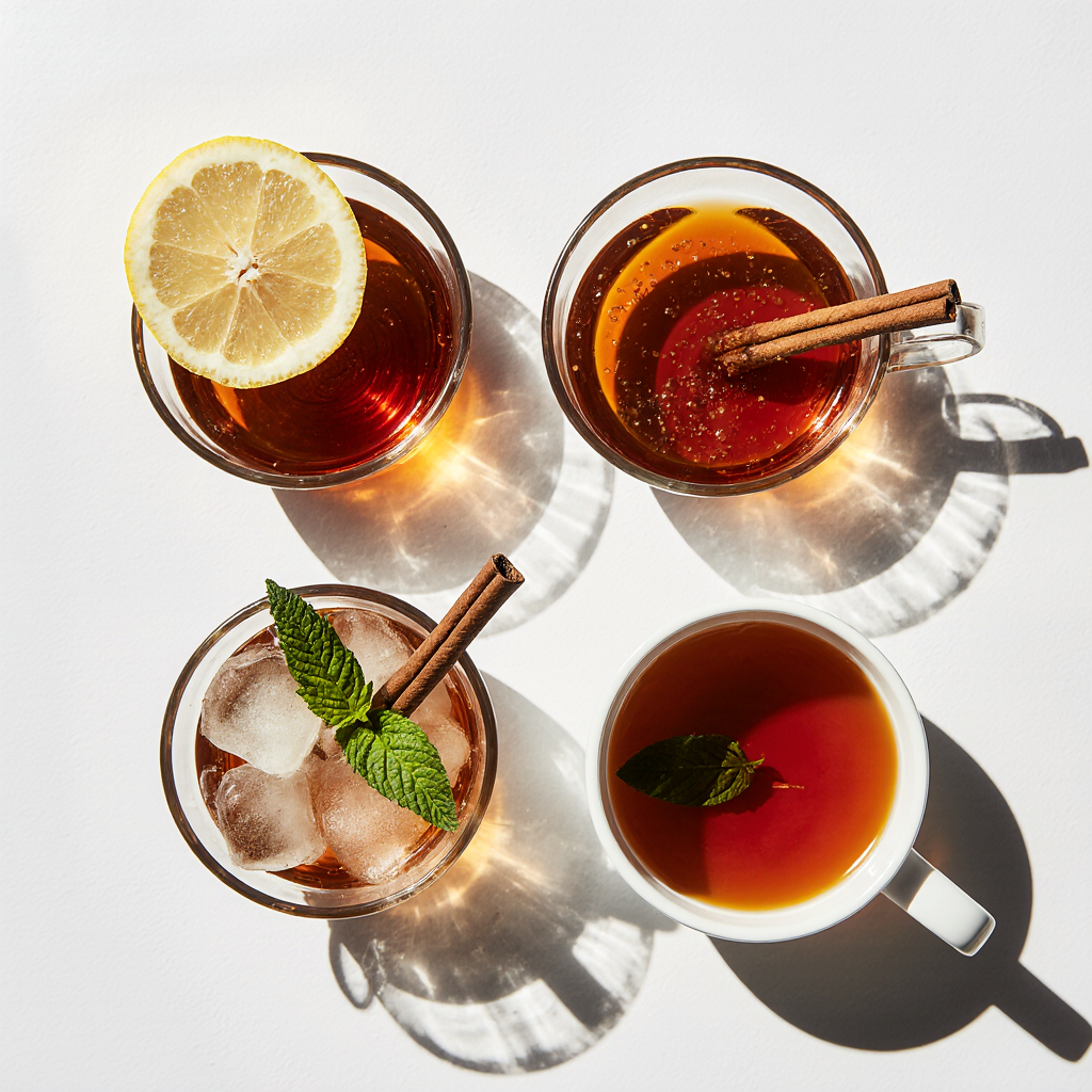 Shilajit Tea Recipe: Boost Energy & Focus Naturally (No Jitters!) 11 Four variations of Shilajit tea: with lemon, cinnamon, iced with mint, and plain.