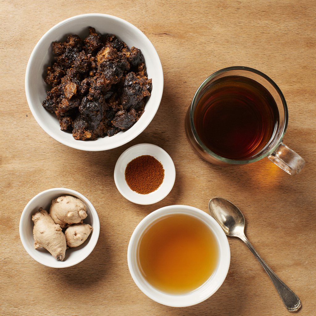 Shilajit Tea Recipe: Boost Energy & Focus Naturally (No Jitters!) 9 Ingredients for Shilajit tea recipe including resin, ginger, honey, and warm water.