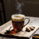 Shilajit Tea Recipe: Boost Energy & Focus Naturally (No Jitters!) 12 A steaming cup of Shilajit tea with honey and ginger on a rustic wooden table.